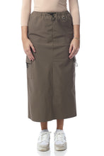 Load image into Gallery viewer, woman wearing fatigue khaki army green colored midi length cargo skirt with pockets 
