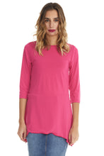 Load image into Gallery viewer, fuschia pink modest 3/4 sleeve fancy t-shirt with sharkbite side hem
