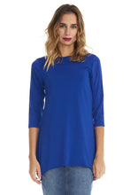 Load image into Gallery viewer, dark blue modest 3/4 sleeve fancy t-shirt with sharkbite side hem
