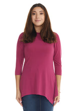 Load image into Gallery viewer, heather pink modest 3/4 sleeve fancy t-shirt with sharkbite side hem
