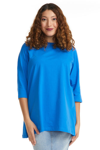 Plain blue 3/4 sleeve tunic t-shirt for women