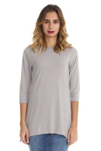 Load image into Gallery viewer, light gray tznius 3/4 sleeve tunic top with uneven hem
